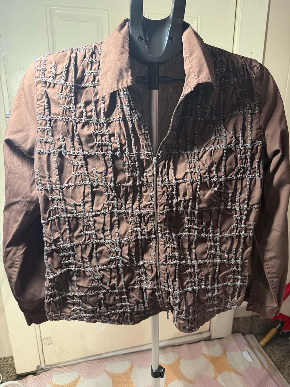 Samuel Dong Women's Brown Full Zip Jacket with Textured Ruffle Grid
